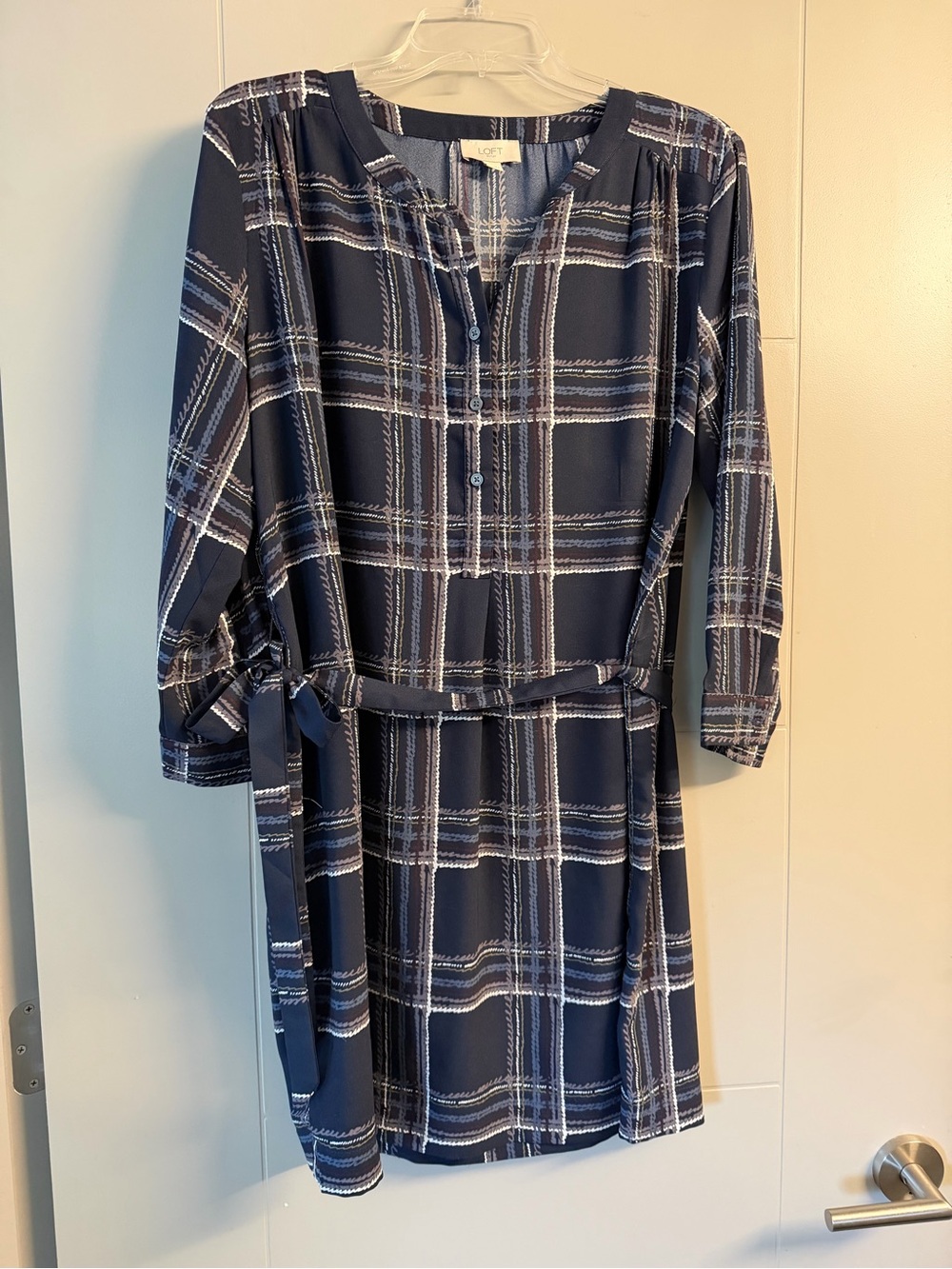 LOFT Navy and White Plaid Tie-Waist Shirt Dress